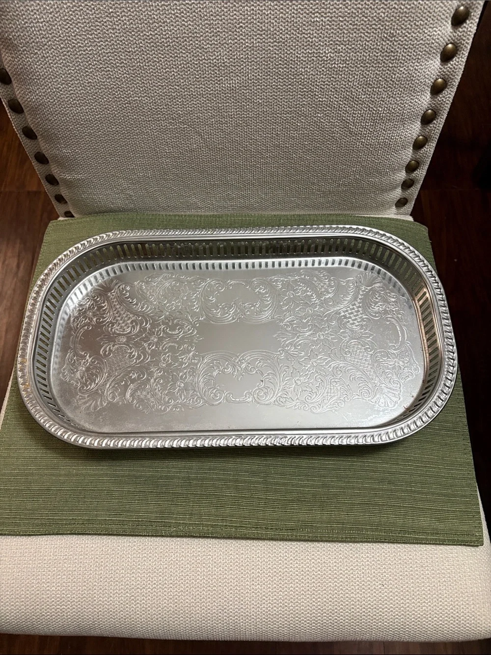 Irvinware Ornate Silver Vanity Tray with Embossed Scrollwork